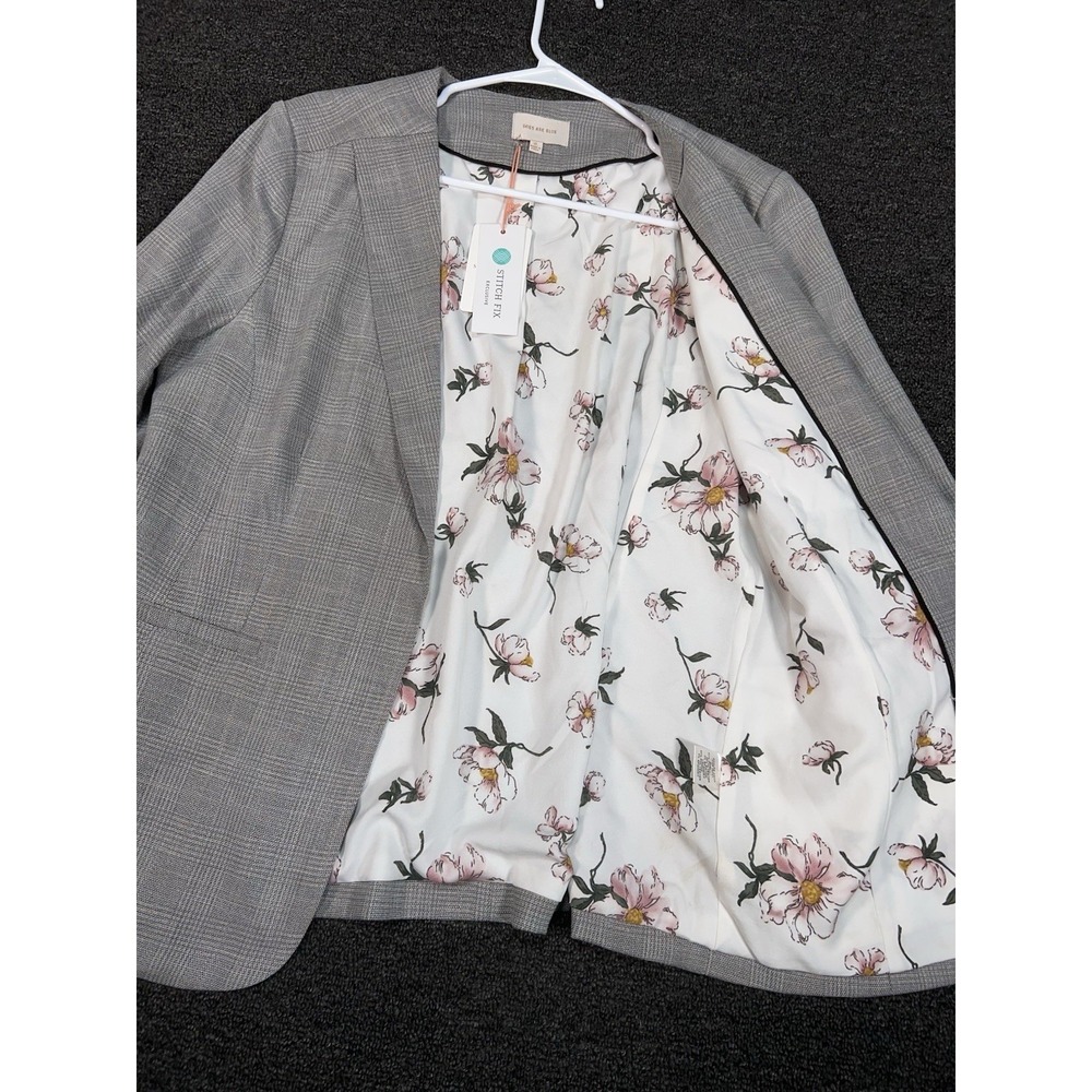 New Skies Are Blue Blazer Jacket Women's XL Grey Plaid Preppy Stretch Floral - Picture 4 of 6